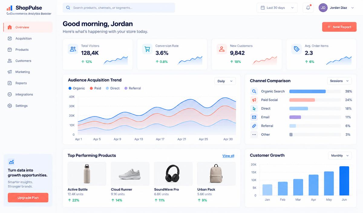 E-commerce Analytics Booster — illustrative product interface concept, not a live screenshot