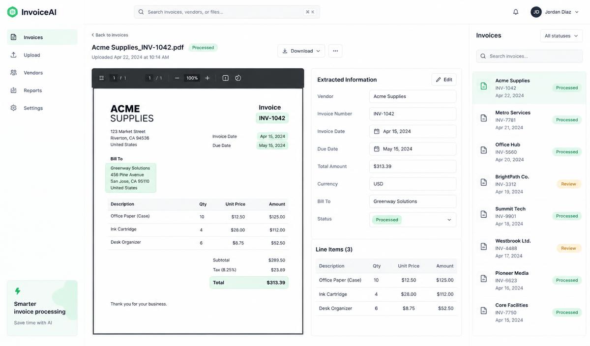 AI Invoice Scanner SaaS — illustrative product interface concept, not a live screenshot