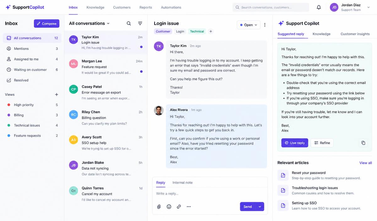 Support Copilot for Help Desks — illustrative product interface concept, not a live screenshot